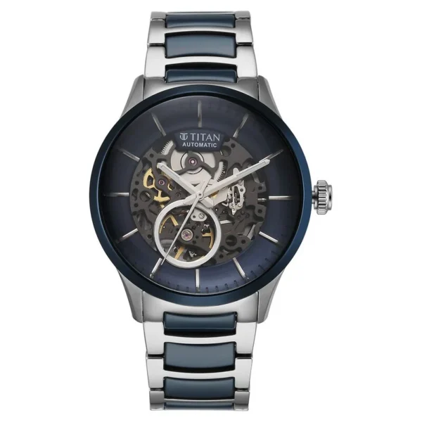 90174KD02 | Titan Ceramic Fusion Automatic Blue Dial Silver Dual-Toned Stainless Steel Bracelet Watch for Men